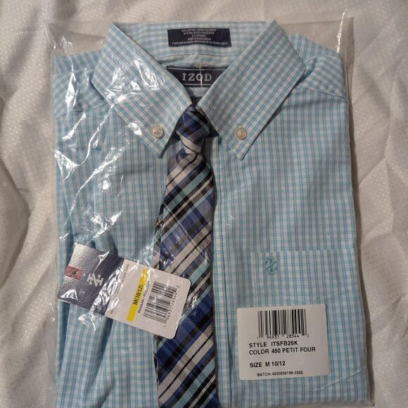 NWT Boy's medium size 10/12 gingham Blue button down long sleeve shirt & tie - Picture 1 of 3